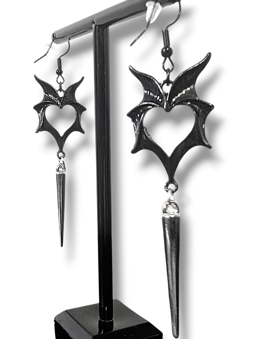 NWT Handmade Black Bat Wings Earrings With Dangly Silver Spike